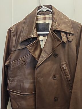 Timberland Brown Leather Double-Breasted Coat with Buckle Collar